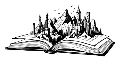 fantasy castle emerging from book sketch © Mago