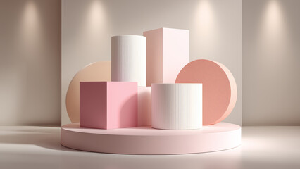 Naklejka na ściany i meble Minimal 3D Geometric Shapes on Soft Pink Podium Background
