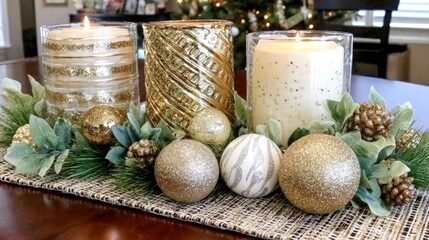Festive holiday table setting with lit candles, ornaments, and greenery centerpiece