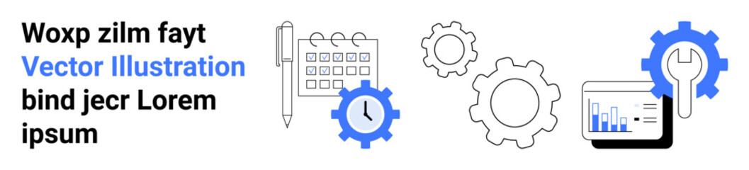 Productivity, workflow management, planning, data analysis, technology, team coordination. Gears, wrench calendar and tablet with charts. Productivity and workflow management concept