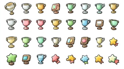 Collection of stylized trophies and awards in various colors and designs, perfect for achievement visuals