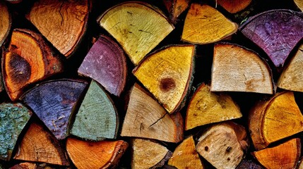 Close-up of stacked firewood showing colorful wood grain, with varying shapes and hues