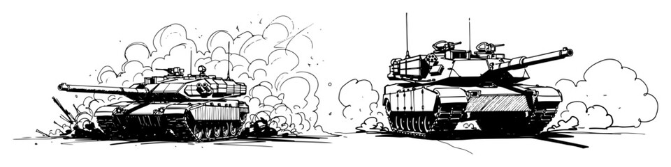 Obraz premium military tanks in battle war scene vector silhouette