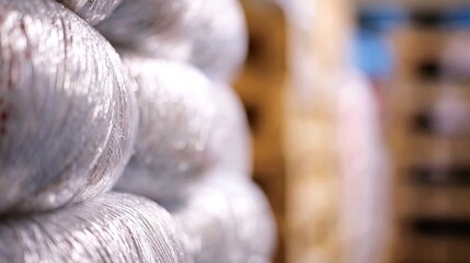 Close-up of stacked packages wrapped in translucent plastic, warehouse setting