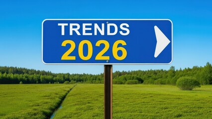 Road sign indicating future trends for the year 2026 pointing right