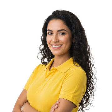 Smiling young woman with long curly dark hair wearing a bright yellow polo shirt and arms crossed isolated on transparent background