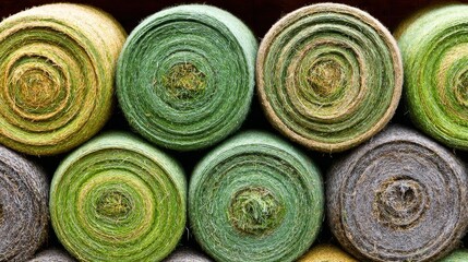 Close-up of stacked rolls of various green, brown, and gray textured material