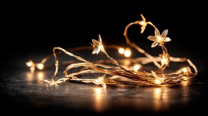 Close-up of star-shaped fairy lights against dark background, with soft glow