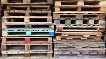 Close-up of stacked wooden pallets showing various colors and textures, outdoors