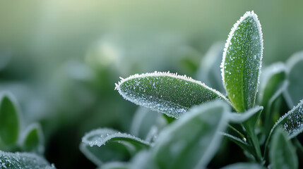 Close-up of frost-covered leaves, a delicate dance between winter's touch and nature's resilience, capturing the serene beauty of a frosty morning. The cool tones evoke stillness.