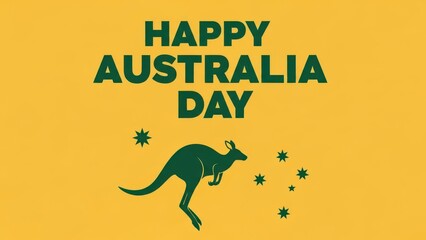 Happy Australia Day greeting with green kangaroo silhouette and southern cross stars on a gold background celebrating national pride, culture, and holiday spirit