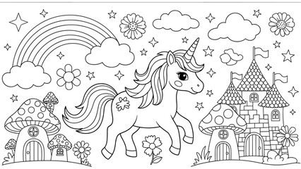 Fototapeta premium Enchanting unicorn in a magical fantasy world with rainbow and castle
