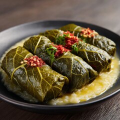 Close-up of stuffed grape leaves, presented on a dark plate, with sauce and garnish