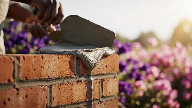 Building a brick wall with mortar and trowel outdoor construction