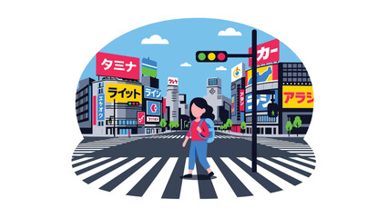 Modern flat illustration of a woman exploring Shibuya Crossing in Tokyo with neon lights and city vibes. Ideal for travel, Japan culture, and adventure themes