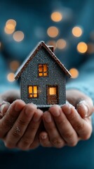 Hands Holding a Cozy Miniature House in Winter. Concept of insurance, protection.