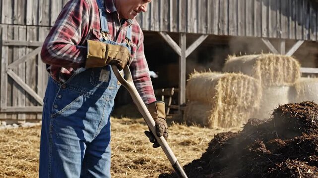 Elderly farmer digging compost in barnyard against rustic barn backdrop