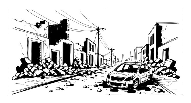 war torn city street with rubble and destroyed car sketch