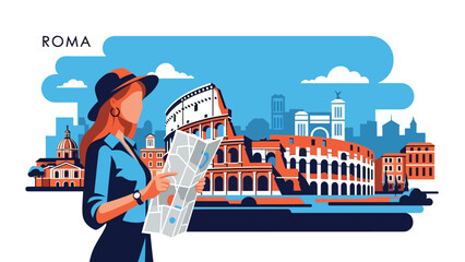 Flat illustration of a woman exploring the Colosseum in Rome with map in hand. Perfect for travel, history, and world cultural heritage themes © meeblues