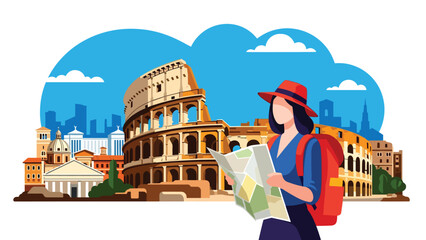 Flat illustration of a woman exploring the Colosseum in Rome with map in hand. Perfect for travel, history, and world cultural heritage themes © meeblues
