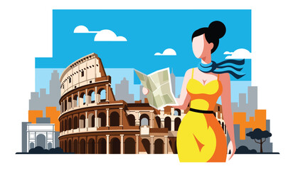 Flat illustration of a woman exploring the Colosseum in Rome with map in hand. Perfect for travel, history, and world cultural heritage themes © meeblues
