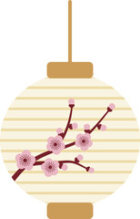 Japanese white paper lantern with pink plum blossom pattern illustration. Chinese ornament with flat design. Oriental style.