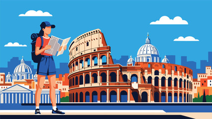 Flat illustration of a woman exploring the Colosseum in Rome with map in hand. Perfect for travel, history, and world cultural heritage themes © meeblues