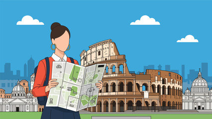 Flat illustration of a woman exploring the Colosseum in Rome with map in hand. Perfect for travel, history, and world cultural heritage themes