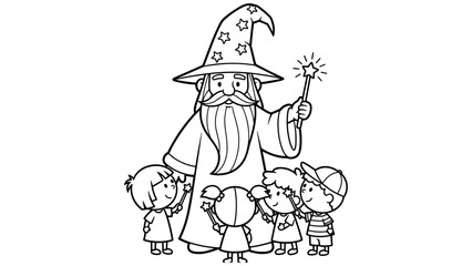 Fototapeta premium Wizard with children outline drawing: magical coloring page for kids