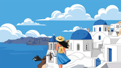 Flat illustration of a woman walking through Santorini’s blue domes and seaside cliffs. Ideal for relaxation, vacation, and Europe travel themes © meeblues