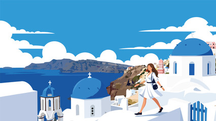 Flat illustration of a woman walking through Santorini’s blue domes and seaside cliffs. Ideal for relaxation, vacation, and Europe travel themes © meeblues