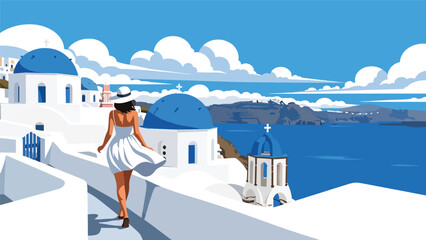 Flat illustration of a woman walking through Santorini’s blue domes and seaside cliffs. Ideal for relaxation, vacation, and Europe travel themes © meeblues