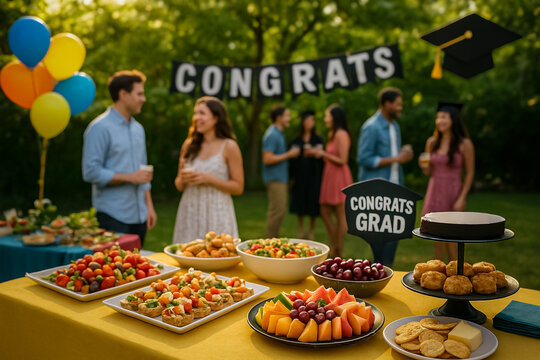 Backyard graduation celebration with family and friends, featuring a food table, balloons, and "Congrats" banner, capturing a happy, sunlit atmosphere