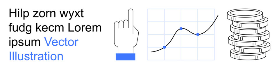Business growth, data analytics, investment strategy, user interaction, financial success, market trends. Hand pointing, line graph stacks of coins. Business growth and data analytics concept