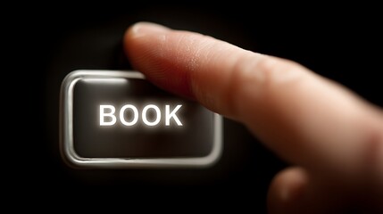 Finger pressing a glowing "BOOK" button on a black surface. Close-up, focused shot