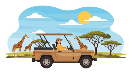 Flat illustration of a woman on safari observing giraffes and savannah landscape. Perfect for wildlife tourism and African travel themes © meeblues