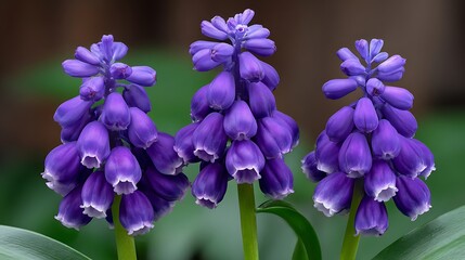 Close-up of three purple grape hyacinth flowers, soft background, springtime bloom