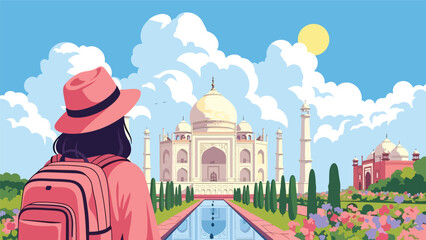 Flat illustration of a woman admiring Taj Mahal with reflection pool and floral garden. Perfect for culture, romance, and world travel themes