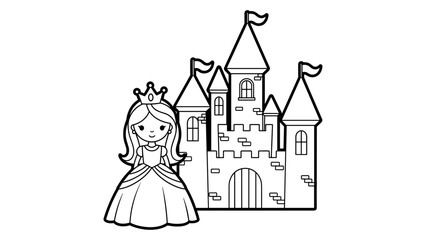 Fototapeta premium Cute princess and castle in black and white outline art for kids