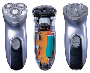 An electric razor for men's beards on an isolated background. The case is open, revealing the internal components.