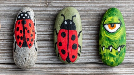 Close-up of three painted rocks depicting a ladybug and a monster