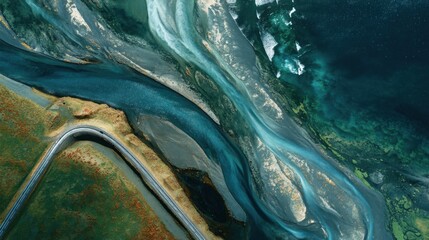 A winding road cuts through vibrant land while a river flows nearby. The water reflects shades of blue and green under daylight. The scenery showcases nature's texture and colors.