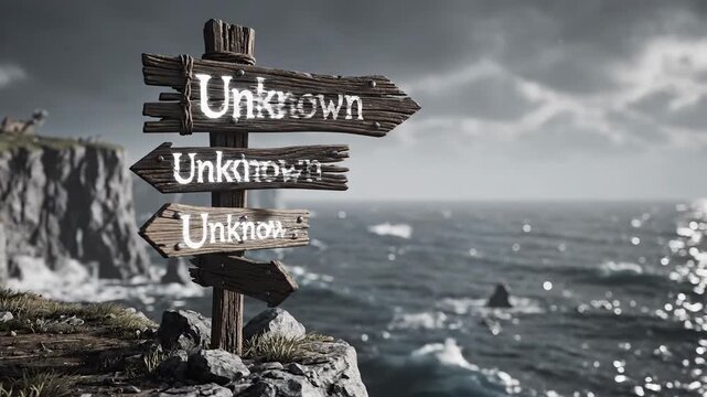 Wooden adventure signpost on cliff edge overlooking moody ocean landscape