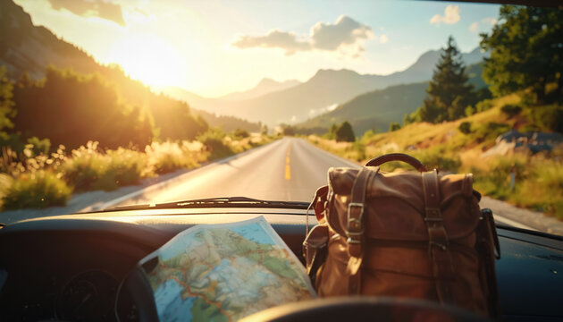 Road trip through a scenic mountain landscape at sunset with a blurred map and backpack on the dashboard. Freedom, journey, travel, exploration, and nature background. - Powered by Adobe