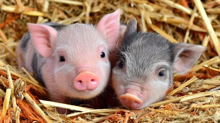 Close-up of two adorable baby pigs nestled together in a pile of straw
