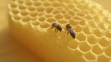 Close-up of two bees exploring a honeycomb, showcasing natural textures and delicate structures