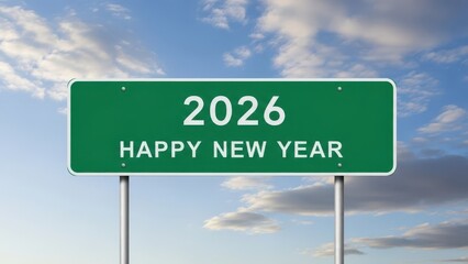 Green highway road sign displaying 2026 happy new year message against a bright sky symbolizing a fresh start, direction, and positive new beginnings