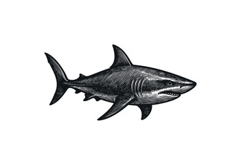Obraz premium A detailed monochrome illustration of a great white shark swimming against a white background — stock illustration.