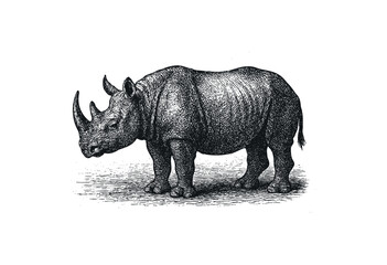 Fototapeta premium An antique-style illustration shows a rhinoceros in detailed etching, capturing its powerful build and textured skin — stock illustration.