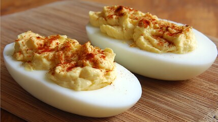 Close-up of two deviled egg halves on wooden cutting board, sprinkled with paprika